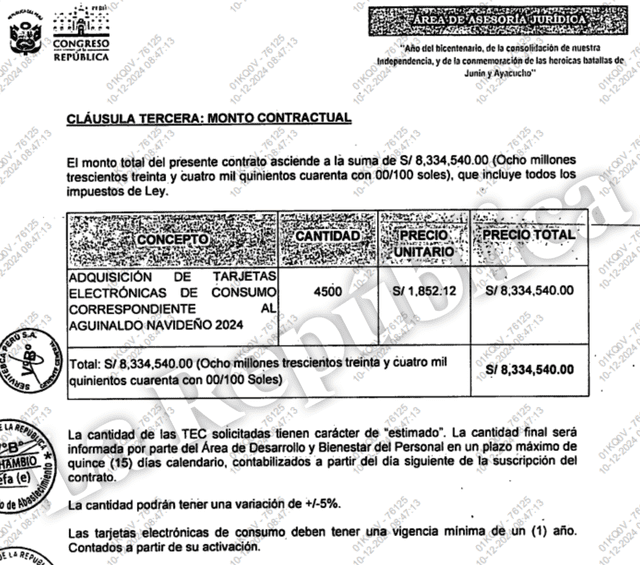  Contrato de la compra de las 4.500 tarjetas navideñas del Congreso.   