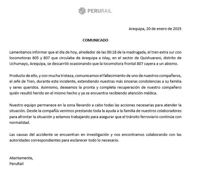 Comunicado de PeruRail tras el incidente. Foto: PeruRail   