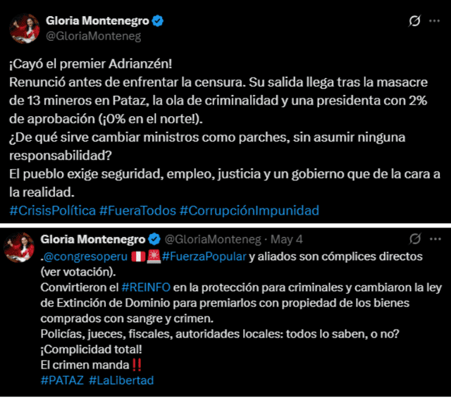 Gloria Montenegro fue crítica del fujimorismo y del Gobierno de Dina Boluarte. Gloria Montenegro fue crítica del fujimorismo y del Gobierno de Dina Boluarte.