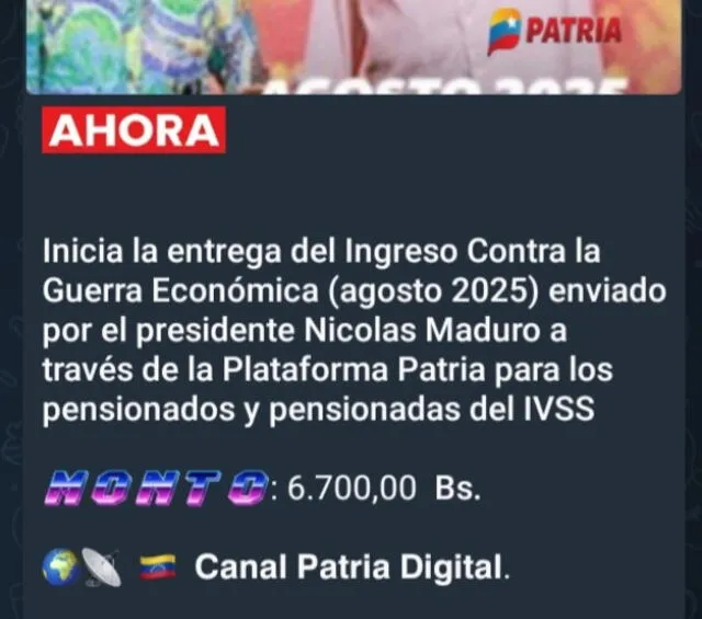 Anuncio del Bono de Guerra de agosto 2025 para pensionados. Foto: Canal Patria Digital   