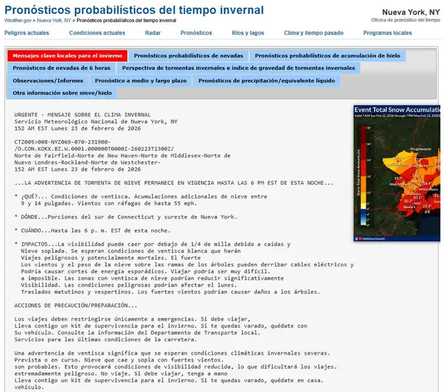  La advertencia de tormenta de nieve en Nueva York seguirá vigente. Foto: NWS<br>    