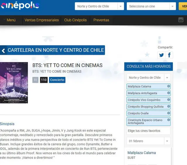 BTS 'Yet to come': web de Cinépolis y Cine Hoyts en Chile. Foto: captura