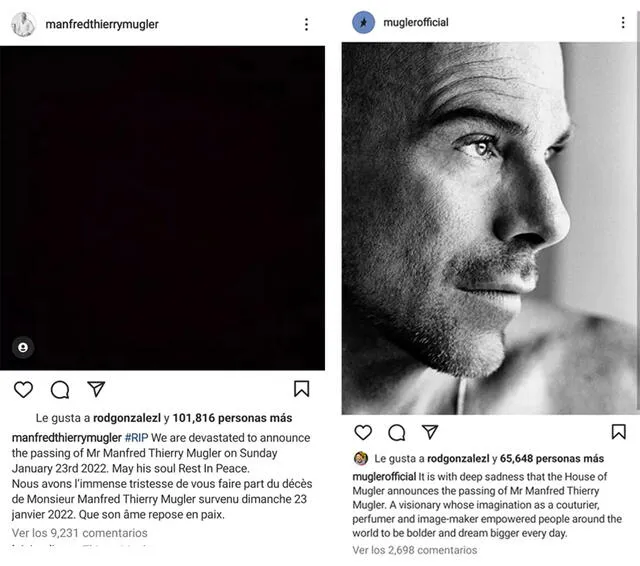 23.1.2022 | Publicaciones en las cuentas oficiales de Thierry Mugler confirmando su muerte. Foto: captura Instagram