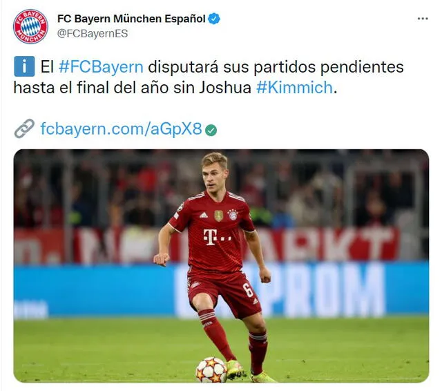 Joshua Kimmich fue una de los jugadores europeos que reconoció públicamente que no deseaba vacunarse. Foto: Twitter Bayern Múnich.