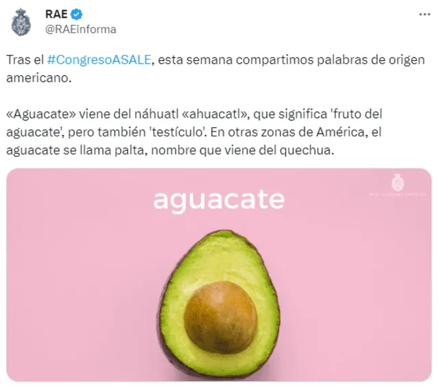  La RAE informa del origen del término “aguacate”. Foto: Twitter/@RAEinforma   