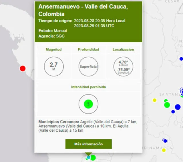 Último temblor registrado en Colombia. Foto: SGC   