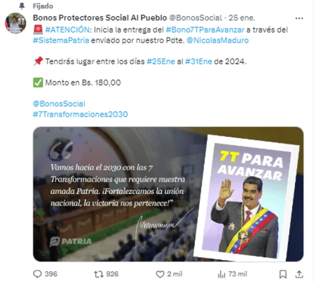 Bono 7 transformaciones para Avanzar | ¿Qué son las 7 Transformaciones para Avanzar rumbo al 2030 anunciado por Nicolás Maduro? | bono patria | segundo bono especial | enero 2024 | qué bono está cayendo | bono hoy