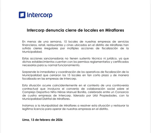 Comunicado tras cierre de locales en Miraflores. Foto: Intercorp. Comunicado tras cierre de locales en Miraflores. Foto: Intercorp.