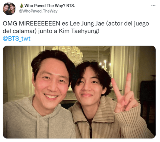 Reacción de ARMY ante la selfie de Lee Jung Jae de El juego del calamar y Taehyung de BTS. Foto: captura/Twitter