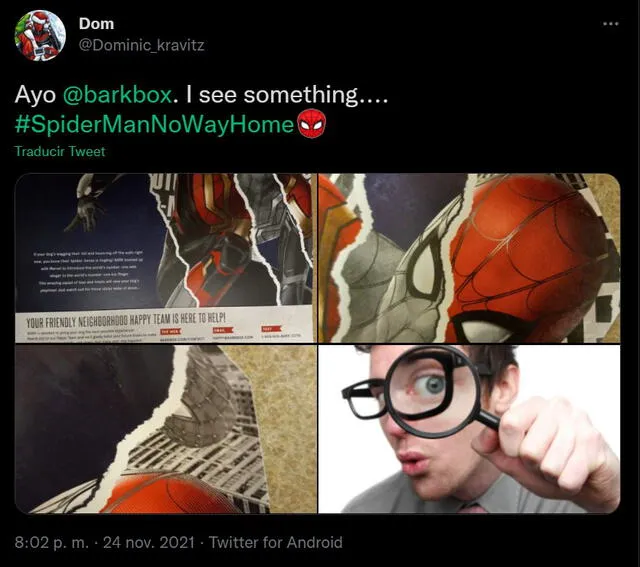 Tuit de @Dominic_kravitz sobre la caja de Bark Box con temática de Spiderman. Foto: Twitter/@Dominic_kravitz