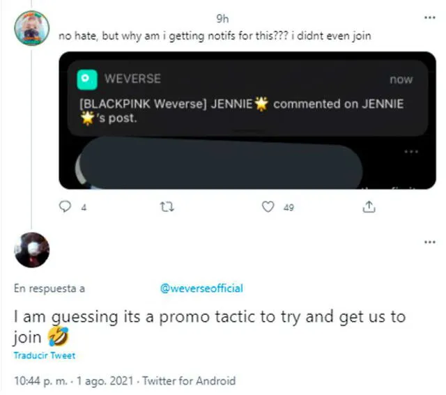 Reportan notificaciones incorrectas en Weverse tras la llegada de BLACKPINK a la app. Foto: captura Twitter