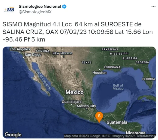  Último sismo en México, 7 de febrero de 2023. Foto: Twitter/ SismologicoMX    