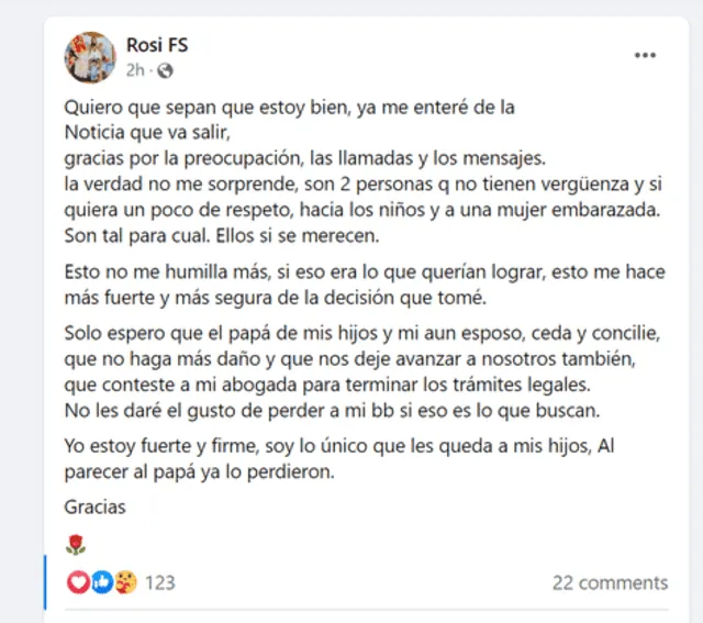 Rosa Fuentes emite comunicado a través de su cuenta de Facebook. Foto: captura de Facebook   