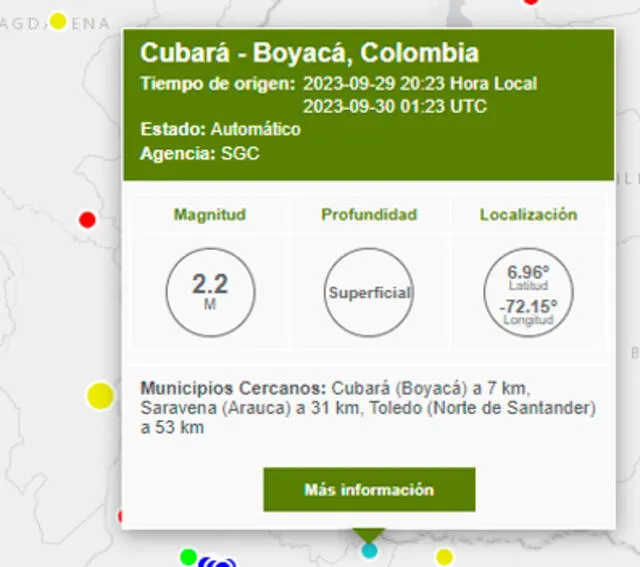 Último temblor hoy en Colombia. Foto: SGC   