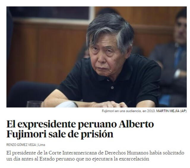  Así informó El País sobre la liberación de Alberto Fujimori. Foto: El País   