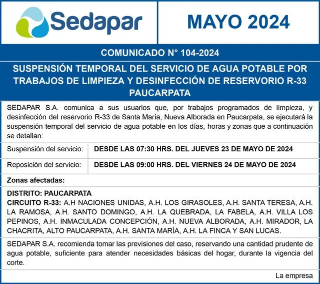 Cortes de agua en Arequipa de23 y 24 de mayo. Foto: Sedapar   