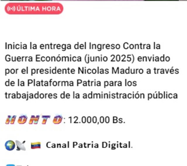 Anuncio del Bono de Guerra de junio 2025 para trabajadores públicos. Foto: Canal Patria Digital Anuncio del Bono de Guerra de junio 2025 para trabajadores públicos. Foto: Canal Patria Digital