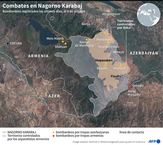 Mapa localizando en Azerbaiyán la región separatista de Nagorno Karabaj y las zonas bombardeadas por las tropas azerbaiyanas y armenias los últimos días, al 9 de octubre. Infografía: AFP
