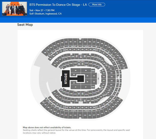 Así luce el plan de asientos para los conciertos de BTS en el estadio SoFi. Foto: Ticketmaster