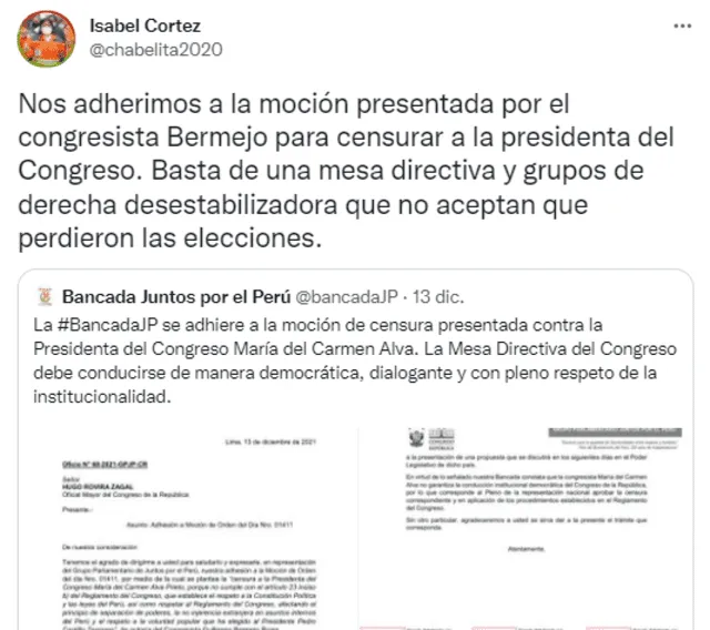 Legisladora de Juntos por el Perú apoya la moción de censura presentada hacia María del Carmen Alva. Foto: @chabelita2020/Twitter