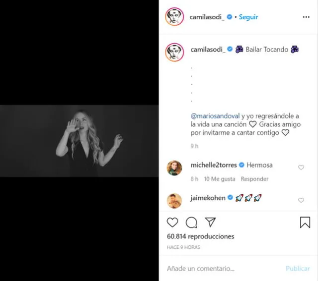 La publicación de Camila Sodi en Instagram, compartiendo el videoclip de "Bailar tocando"  con sus fans.