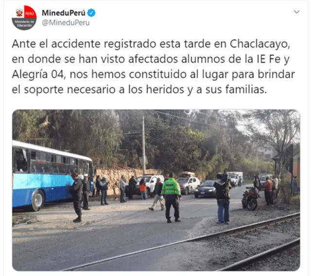 Ministerio de Educación señala que brindará asistencia a niños heridos en accidente de Chaclacayo. Foto: Twitter