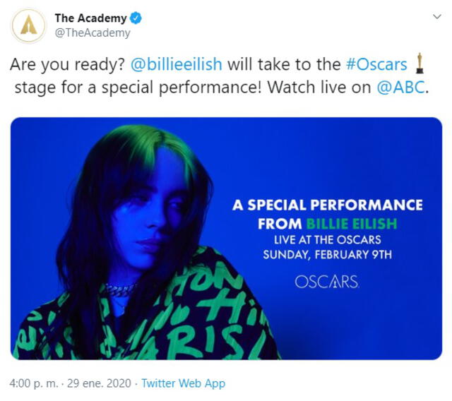 Billie Eilish fue anunciada en Twitter por La Academia