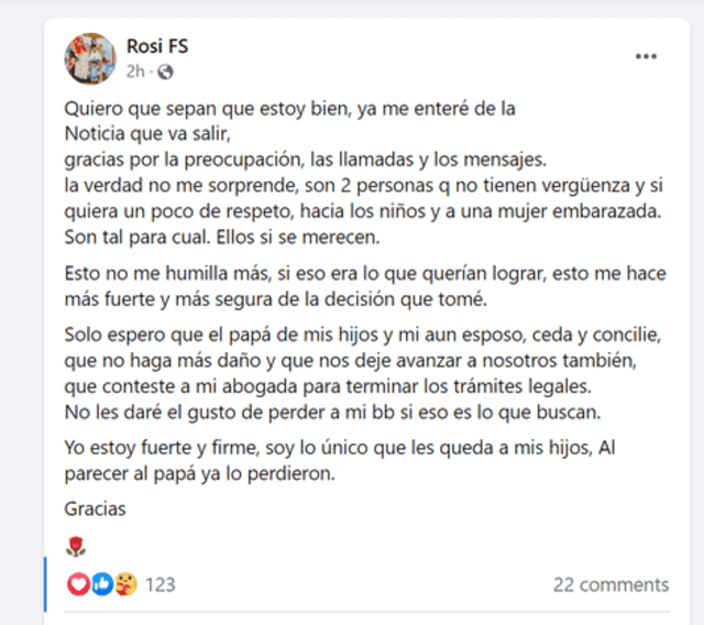 Rosa Fuentes emite comunicado a través de su cuenta de Facebook. Foto: Facebook   