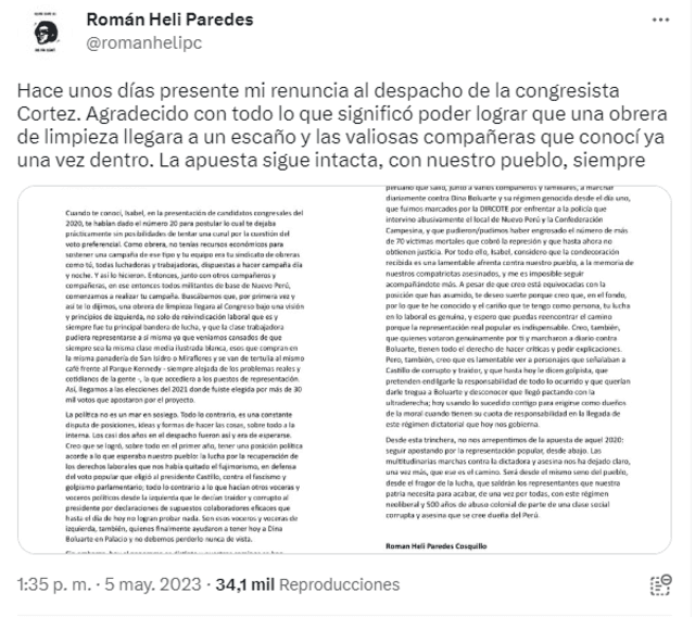 Carta de renuncia de Román Heli. Foto: captura de Twitter/@RománHelipC   
