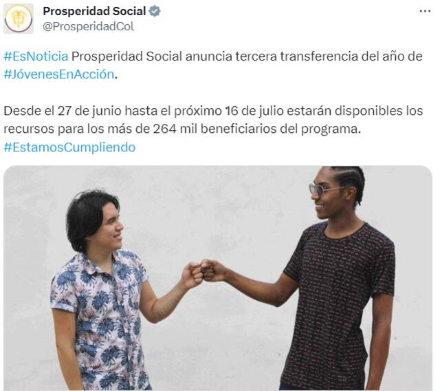 El pago de Jóvenes en Acción comienza el 27 de junio. Foto: Prosperidad Social/Twitter   