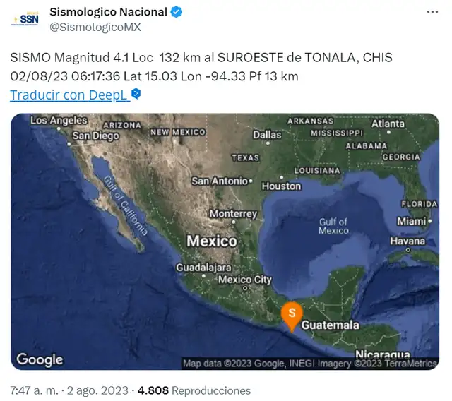 Sismo en Tonalá, México. Foto: @SismologicoMX/Twitter Sismo en Tonalá, México. Foto: @SismologicoMX/Twitter