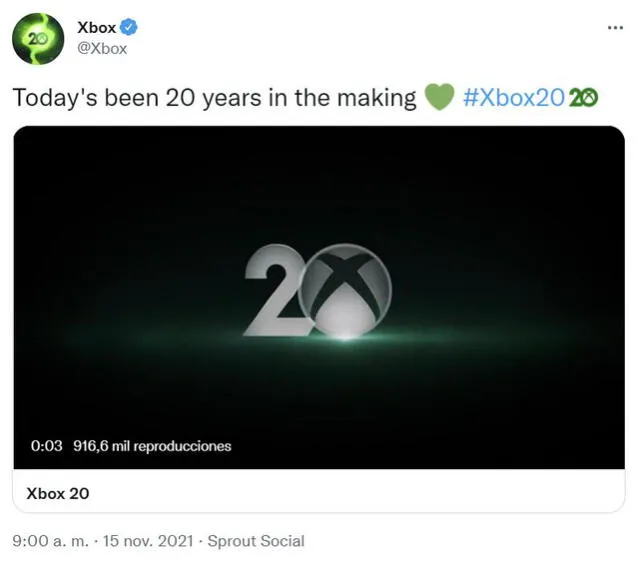 Microsoft celebra 20 años del lanzamiento de su marca Xbox. Foto: Twitter