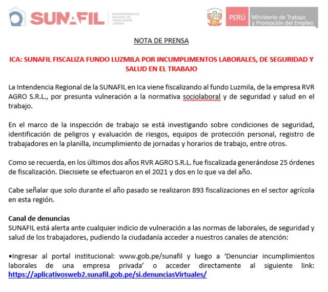 Entidad emitió comunicado este martes 18 de enero. Foto: Sunafil