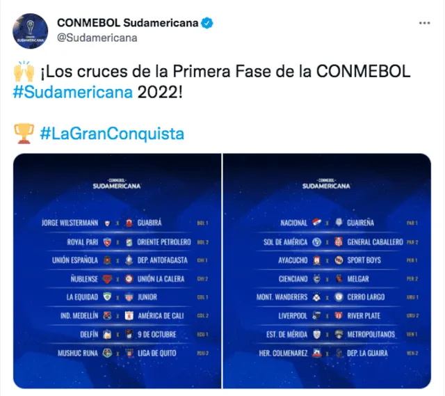 Partidos de la fase preliminar de la Copa Sudamericana. Foto: Twitter Conmebol Sudamericana