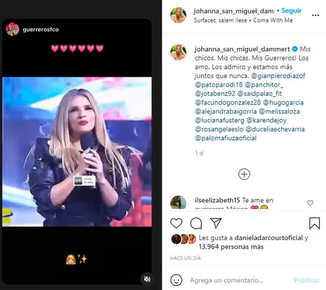 Johanna San Miguel dedicó una publicación en redes sociales a los guerreros peruanos tras perder ante Guerreros México. Foto: Johanna San Miguel / Instagram