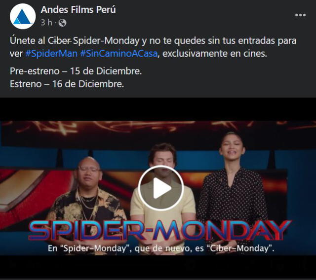 Preestreno de Spider-Man: no way home. Foto: Andes Films Facebook