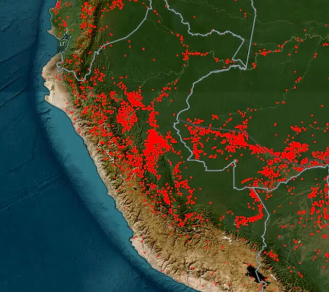 mapa incendios forestales en Perú NASA