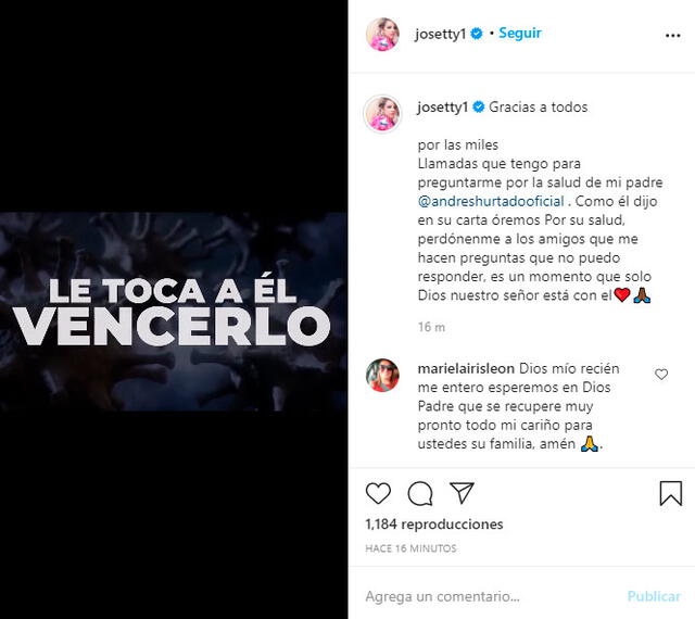 Josetty Hurtado se pronuncia en Instagram por la salud de su padre Andrés Hurtado | FOTO: Instagram