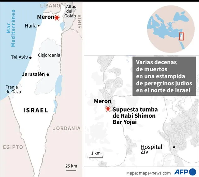 Mapa de Israel en el que se localiza Merón, en el norte del país. Infografía: AFP