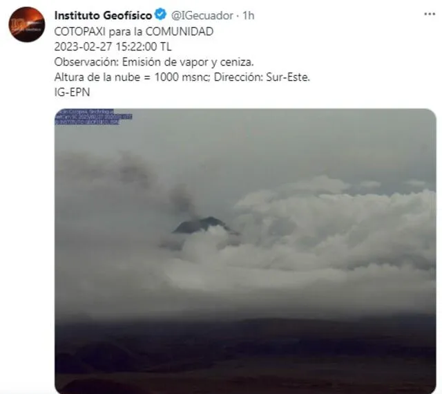 Reporte del volcán Cotopaxi. Foto: @IGecuador/ Twitter   