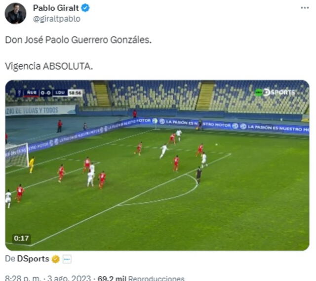 Pablo Giralt se rindió ante Paolo Guerrero. Foto: captura de Twitter   