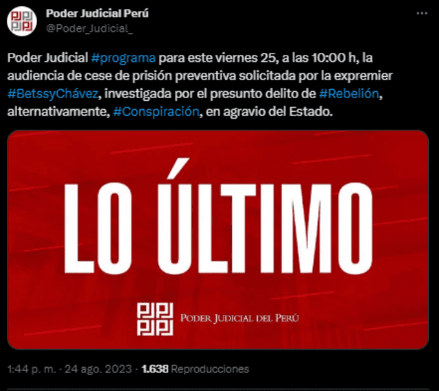 El Poder Judicial confirmó la programación de la audiencia a solicitud de Betssy Chávez. Foto: captura Poder Judicial   