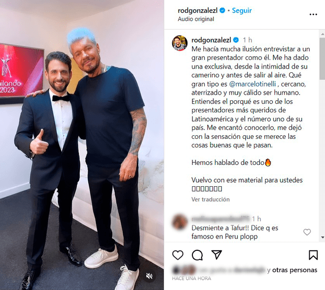 La fotografía que Rodrigo González compartió lo muestra a él y a Marcelo Tinelli en el camerino de 'Bailando 2023'. Foto: Instagram/Rodrigo González 