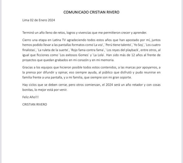 Cristian Rivero anuncia su salida de Latina. Foto: difusión 
