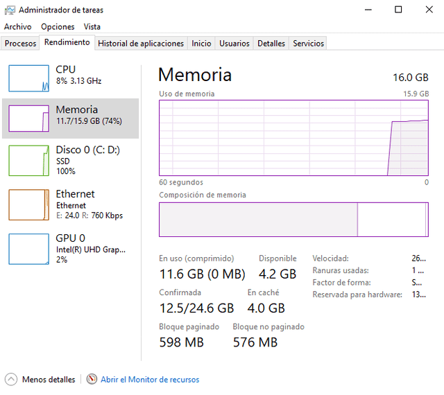 Así puedes ver la memoria compartida y en uso de tu PC. Foto: captura de pantalla   