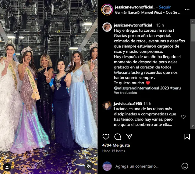  Jessica Newton le dedicó unas emotivas palabras a Luciana Fuster en su último día como Miss Gran Perú. Foto: captura    