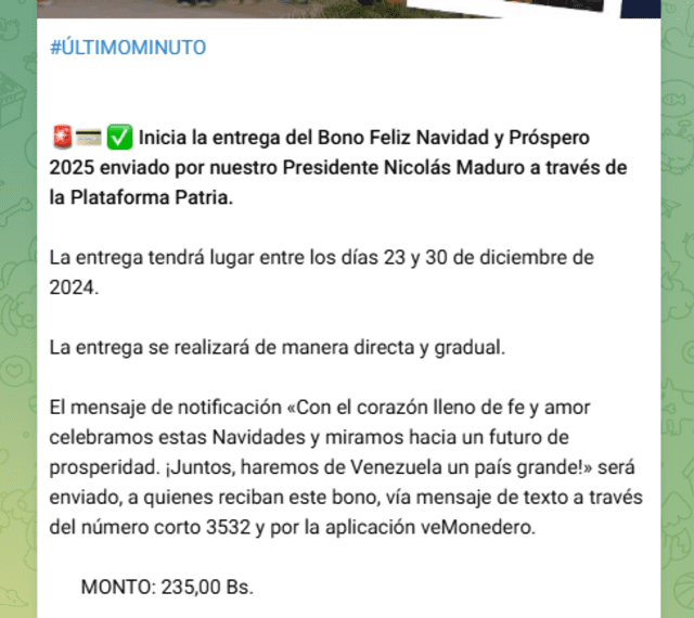 El Bono Feliz Navidad y Próspero 2025 estará disponible hasta el 30 de diciembre de 2024. Foto: Canal Patria Digital/ Telegram