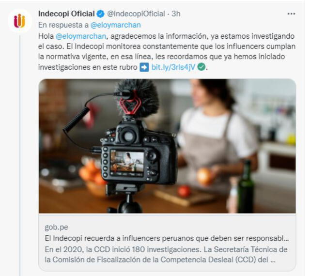 Indecopi se pronuncia. Foto: captura/Twitter
