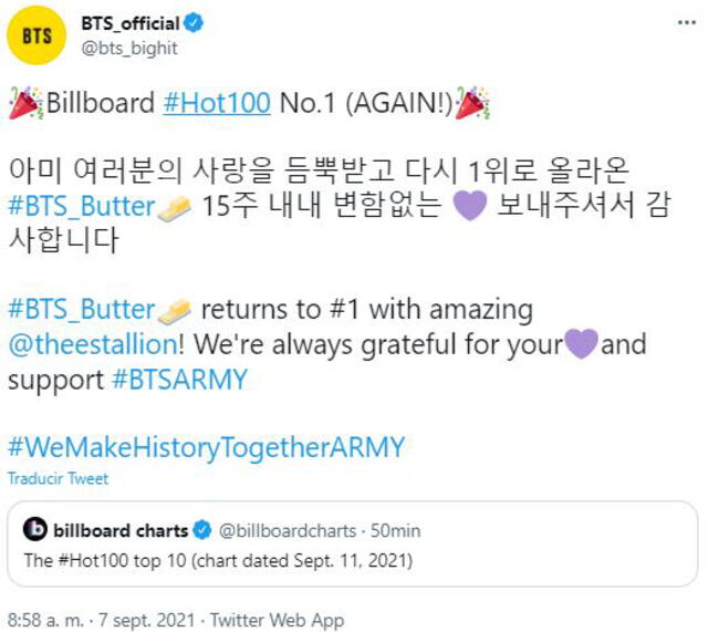 BTS celebra el éxito de "Butter". Foto: Twitter