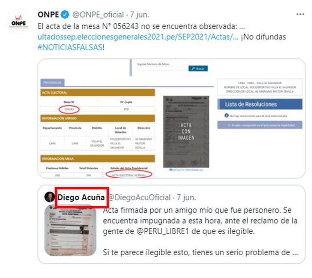 ONPE desmiente a Acuña en Twitter. Foto: captura en Twitter / ONPE.